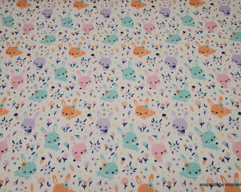 Flannel Fabric - Bunny in Flowers White - By the yard - 100% Cotton Flannel