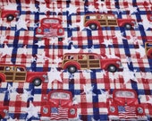 Flannel Fabric - Patriotic Cars on Plaid - By the yard - 100% Cotton Flannel