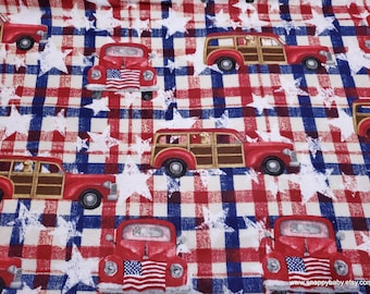 Flannel Fabric - Patriotic Cars on Plaid - By the yard - 100% Cotton Flannel