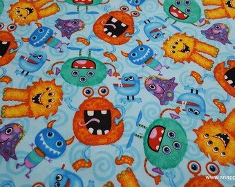 Flannel Fabric - Happy Monsters on Blue - By the yard - 100% Cotton Flannel