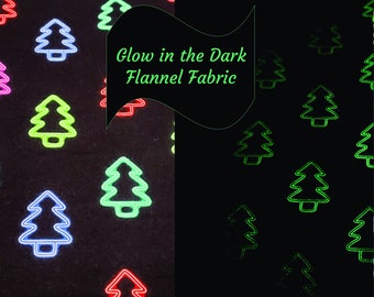 Glow in the Dark Christmas Flannel Fabric - Multi Color Neon Christmas Trees on Black Glow in the Dark - By the yard - 100% Cotton Flannel