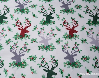 Christmas Flannel Fabric - Holiday Stag Heads - By the yard - 100% Cotton Flannel