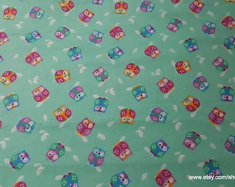 Flannel Fabric - Winking Owls Teal - By the yard - 100% Cotton Flannel