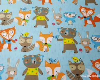 Flannel Fabric - Forest Animals on Blue - By the yard - 100% Cotton Flannel