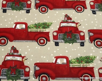 Christmas Flannel Fabric - Red Truck Christmas Tree - By the Yard - 100% Cotton Flannel