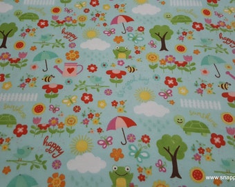 Flannel Fabric - Bloom Where You're Planted April Showers Aqua - By the yard - 100% Cotton Flannel
