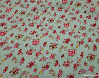 Flannel Fabric - Flowers and Dots Blue - By the yard - 100% Cotton Flannel