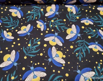 Flannel Fabric - Botanical Fireflies on Black - By the yard - 100% Cotton Flannel