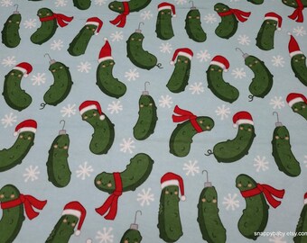 Christmas Flannel Fabric - Christmas Pickles on Blue - By the yard - 100% Cotton Flannel