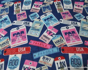 Flannel Fabric - Baggage Tags Pink - By the yard - 100% Cotton Flannel
