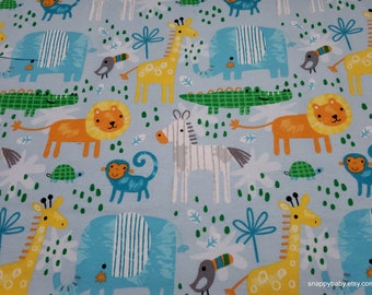 Flannel Fabric - Sweet Jungle Animals Blue - By the yard - 100% Cotton Flannel