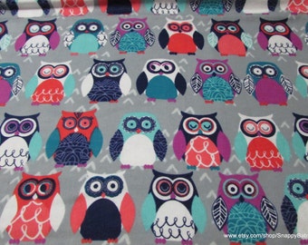 Flannel Fabric - Colorful Owls on Gray - By the yard - 100% Cotton Flannel