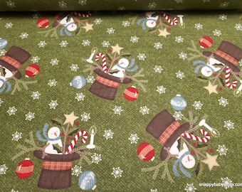 Christmas Premium Flannel Fabric - Snowdays Snowmen in Hats Green Premium - By the yard - 100% Premium Cotton Flannel
