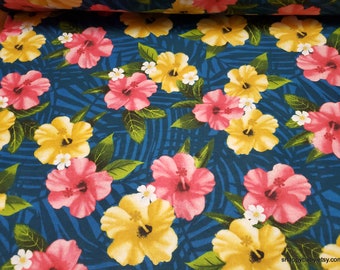 Flannel Fabric - Hibiscus Flowers on Navy - By the yard -100% Cotton Flannel