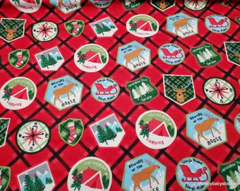 Christmas Flannel Fabric - Christmas Badges - By the yard - 100% Cotton Flannel