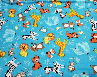Flannel Fabric - Zoo Animals Tossed Blue - By the yard - 100% Cotton Flannel
