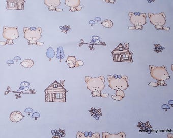 Flannel Fabric - Baby Foxes on Blue - By the yard - 100% Cotton Flannel