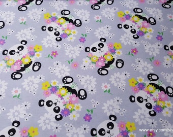 Flannel Fabric - Pandas and Flowers on Gray - By the yard - 100% Cotton Flannel