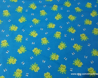 Flannel Fabric - Frogs on Blue - By the yard - 100% Cotton Flannel