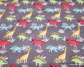 Flannel Fabric - Bright Dinos on Gray - By the yard - 100% Cotton Flannel