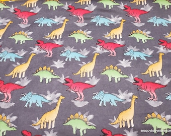 Flannel Fabric - Bright Dinos on Gray - By the yard - 100% Cotton Flannel