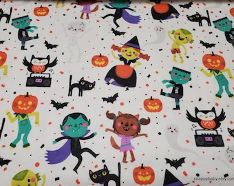 Flannel Fabric - Halloween Friends Dancy Party on White - By the Yard - 100% Cotton Flannel