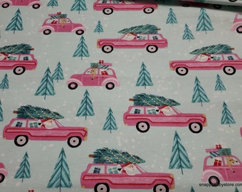 Christmas Flannel Fabric - Santa Christmas Tree Pink Cars - By the yard - 100% Cotton Flannel