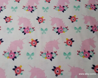 Flannel Fabric - Bright Unicorns Floral - By the yard - 100% Cotton Flannel