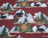 Flannel Fabric - Cabin Scene Red - By the yard - 100% Cotton Flannel