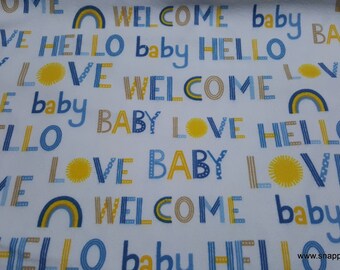 Flannel Fabric - Welcome Baby Words Blue - By the yard - 100% Premium Cotton Flannel