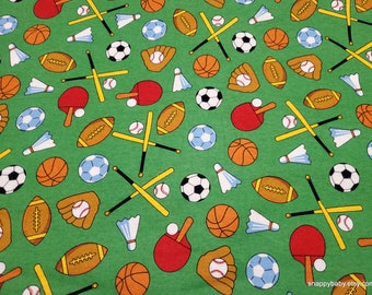Flannel Fabric - Sports on Green - By the yard - 100% Cotton Flannel