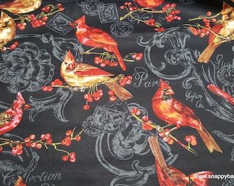 Flannel Fabric - Cardinals on Black - By the yard - 100% Cotton Flannel