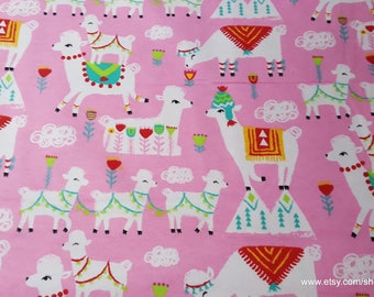 Flannel Fabric - Festive Llamas on Pink - By the yard - 100% Cotton Flannel