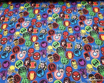 Character Flannel Fabric - Marvel Comic Hero Stickers - By the yard - 100% Cotton Flannel