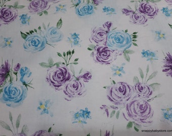 Flannel Fabric - Blue and Purple Flowers on White - By the yard - 100% Cotton Flannel