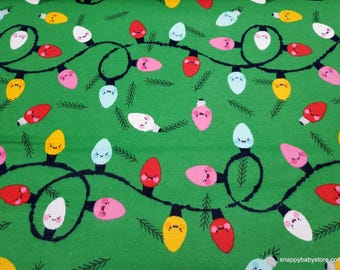 Remnant Flannel Fabric - String of Happy Christmas Lights on Green - Choose your Size - 100% Cotton Flannel