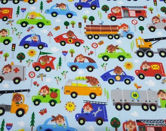 Flannel Fabric - Happy City on Light Blue - By the Yard - 100% Cotton Flannel