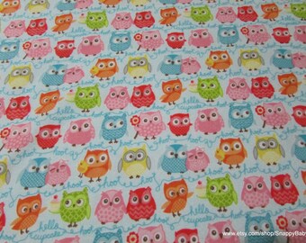 Flannel Fabric - Tree Party Owls Light Blue - By the yard - 100% Cotton Flannel