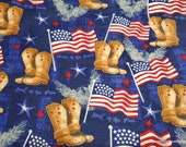 Flannel Fabric - Americana Boots and Flags - By the yard - 100% Cotton Flannel