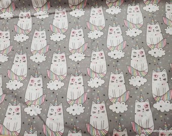 Flannel Fabric - Caticorns on Gray - By the yard - 100% Cotton Flannel