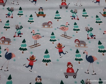 Christmas Flannel Fabric - Playful Winter Animals - By the yard - 100% Cotton Flannel