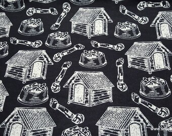 Flannel Fabric - Sketch Black Dog House - By the Yard - 100% Cotton Flannel