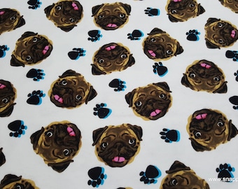 Flannel Fabric - Pug Faces Tossed - By the yard - 100% Cotton Flannel