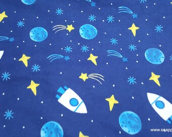 Flannel Fabric - Stars Rockets in Space on Blue - By the yard - 100% Cotton Flannel