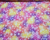 Flannel Fabric - Butterflies Pink Purple Yellow - By the yard - 100% Cotton Flannel