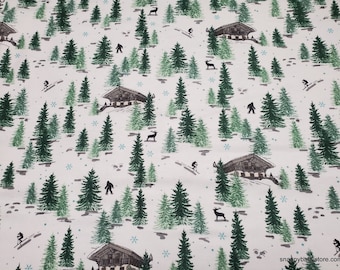 Christmas Flannel Fabric - Scenic Ski Slope - By the yard - 100% Cotton Flannel