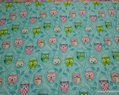 Flannel Fabric - Owls on Teal - By the yard - 100% Cotton Flannel