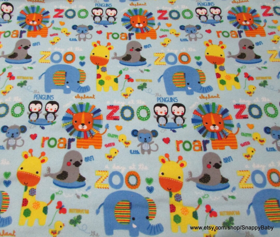Flannel Fabric Zoo Animals and Words Blue by the Yard 100 Cotton