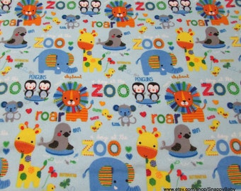 Flannel Fabric - Zoo Animals and Words Blue - By the yard - 100% Cotton Flannel