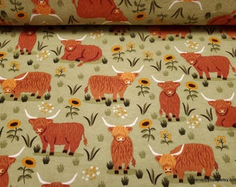 Remnant Flannel Fabric - Highland Cows with Sunflowers on Green - Choose your Size - 100% Cotton Flannel
